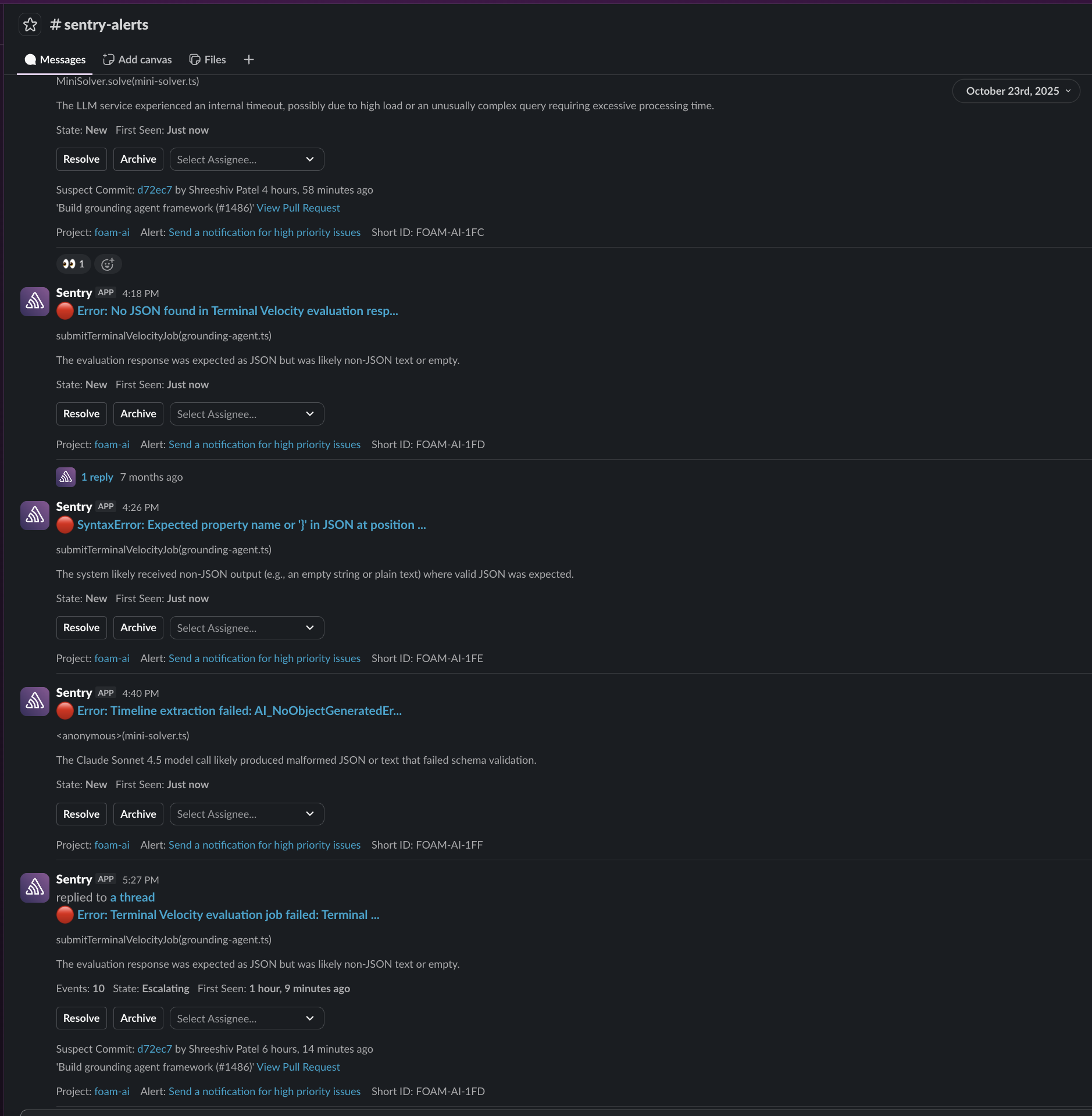 Sentry #sentry-alerts Slack channel showing five separate exception alerts in a single afternoon, each requiring manual triage
