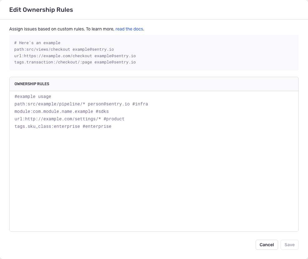 Sentry project settings showing the ownership rules editor with file path patterns mapped to team members